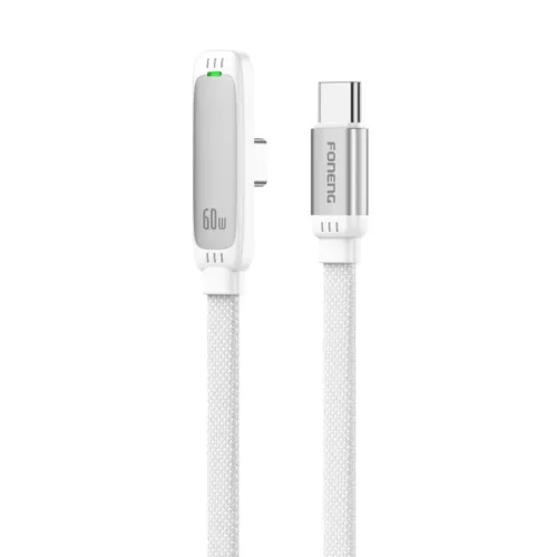 FONENG X127 USB-C–USB-C kábel, 90°-os csatlakozóval, PD 60 W, 1,2 m, fehér