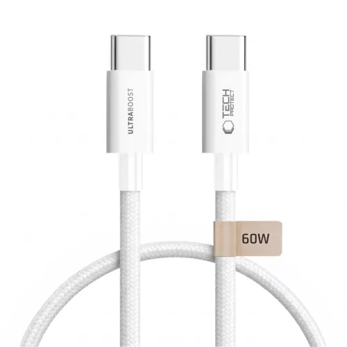 Tech-Protect Ultraboost Lite USB-C–USB-C kábel, 60W, 3A, 50 cm, fehér