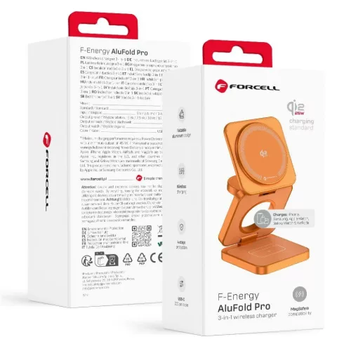 FORCELL AluFold Pro Qi2.2 25 W-os, 3 az 1-ben vezeték nélküli töltő, narancssárga