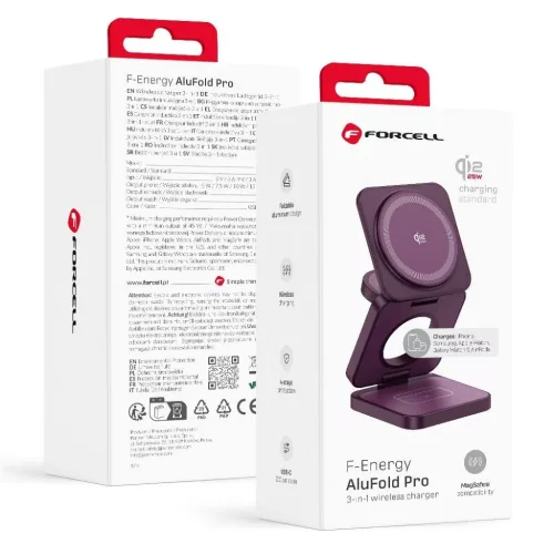 FORCELL AluFold Pro 3 az 1-ben összecsukható vezeték nélküli töltő, Qi2.2, 25 W, bordó