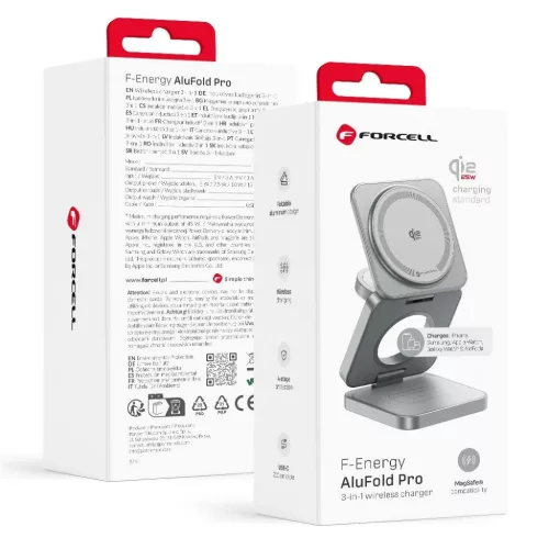 FORCELL AluFold Pro 3 az 1-ben Qi2.2 vezeték nélküli asztali töltő, 25 W, ezüst