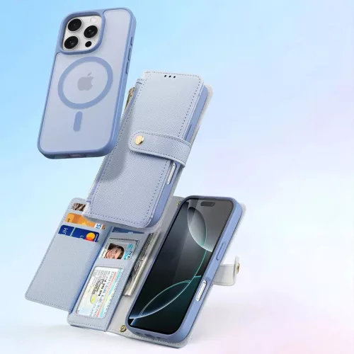 iPhone 16 Pro Kék Dux Ducis Lawa Bőr Tok Levehető Mágneses Tárcával