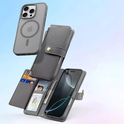 iPhone 16 Pro Szürke Dux Ducis Lawa bőr tok levehető mágneses tárcával
