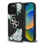 iPhone 16 Pro fekete Guess PU Grained Roses 4G Metal Logo tok