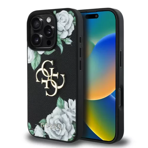 iPhone 16 Pro fekete Guess PU Grained Roses 4G Metal Logo tok