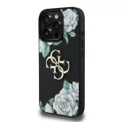 iPhone 16 Pro fekete Guess PU Grained Roses 4G Metal Logo tok