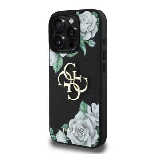 iPhone 16 Pro fekete Guess PU Grained Roses 4G Metal Logo tok