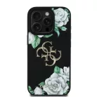 iPhone 16 Pro fekete Guess PU Grained Roses 4G Metal Logo tok