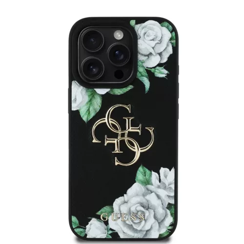 iPhone 16 Pro fekete Guess PU Grained Roses 4G Metal Logo tok