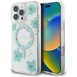   iPhone 16 Pro Átlátszó Zöld Guess Gyanta Virágok Glitter MagSafe tok
