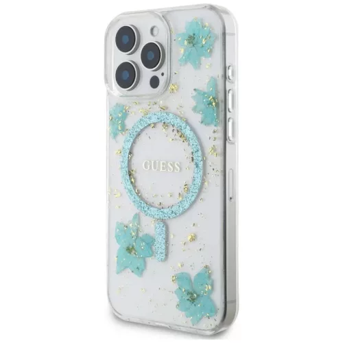 iPhone 16 Pro Átlátszó Zöld Guess Gyanta Virágok Glitter MagSafe tok