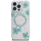 iPhone 16 Pro Átlátszó Zöld Guess Gyanta Virágok Glitter MagSafe tok