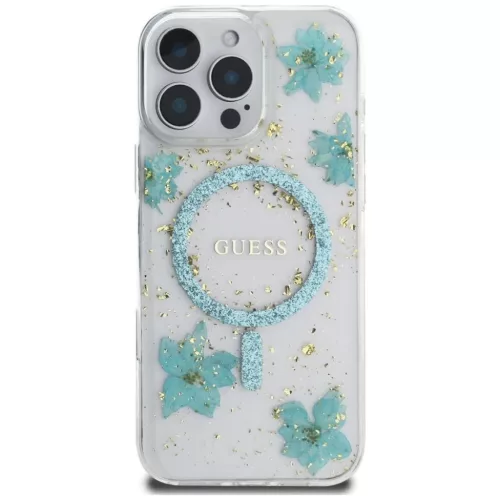 iPhone 16 Pro Átlátszó Zöld Guess Gyanta Virágok Glitter MagSafe tok