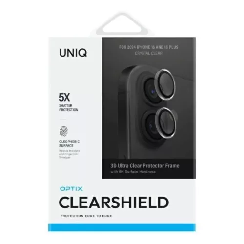 Uniq Optix Clear kameravédő iPhone 16 / 16 Plus applikátorral - Átlátszó fekete üvegfólia