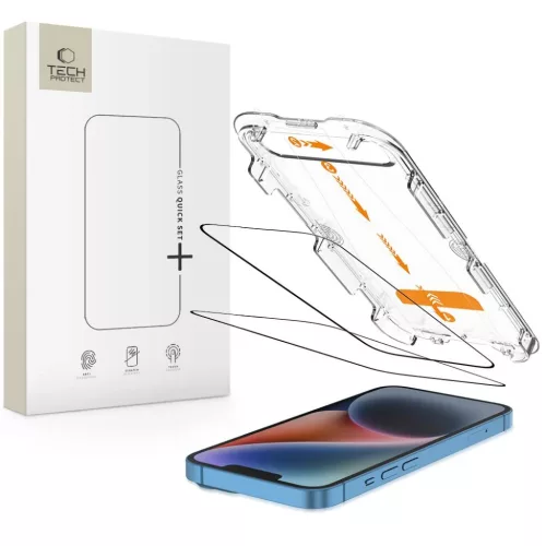 iPhone 13 / 13 Pro / 14 / 16 Edzett üveg Tech-protect Quick Set+ 2-pack Fekete üvegfólia