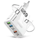 Techsuit - Prémium Fali Töltő PentaXPower (CHC1) - 3x USB QC 3.0, 2x Type-C PD 25W, 65W, LED, GaN, Type-C Kábel, 1m - Fehér