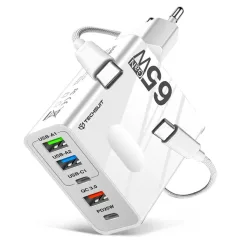   Techsuit - Prémium Fali Töltő PentaXPower (CHC1) - 3x USB QC 3.0, 2x Type-C PD 25W, 65W, LED, GaN, Type-C Kábel, 1m - Fehér