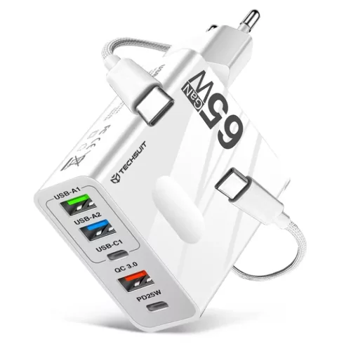 Techsuit - Prémium Fali Töltő PentaXPower (CHC1) - 3x USB QC 3.0, 2x Type-C PD 25W, 65W, LED, GaN, Type-C Kábel, 1m - Fehér