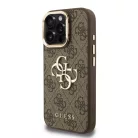 iPhone 16 Pro Barna Guess PU 4G Fém Logós Állvány Kamerakeretes Tok