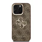 iPhone 16 Pro Barna Guess PU 4G Fém Logós Állvány Kamerakeretes Tok