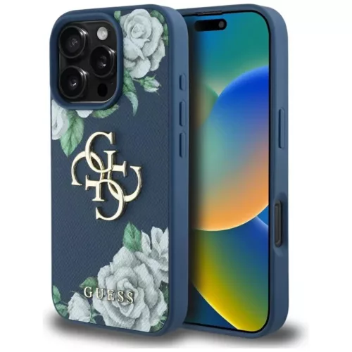 iPhone 16 Pro kék Guess Grained Roses Big 4G logó tok