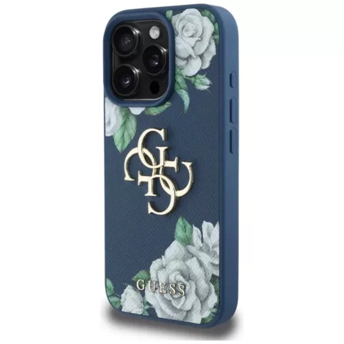 iPhone 16 Pro kék Guess Grained Roses Big 4G logó tok