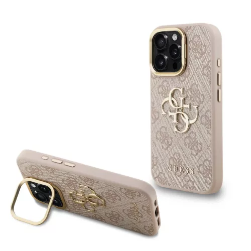 iPhone 16 Pro Pink Guess PU 4G Fém Logós Állványos Kamera Keret Tok