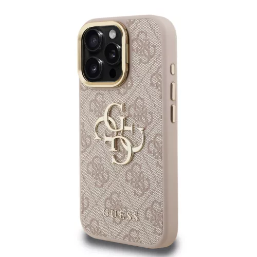 iPhone 16 Pro Pink Guess PU 4G Fém Logós Állványos Kamera Keret Tok