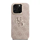 iPhone 16 Pro Pink Guess PU 4G Fém Logós Állványos Kamera Keret Tok