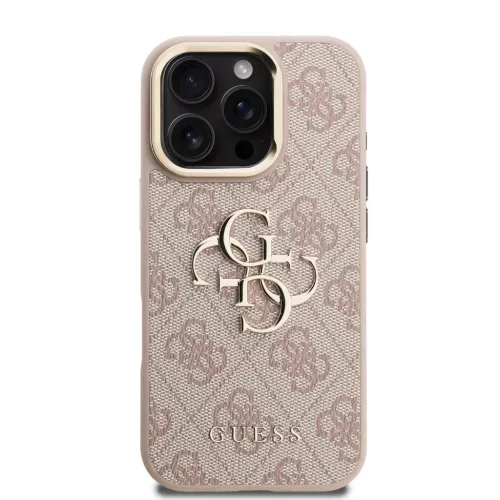 iPhone 16 Pro Pink Guess PU 4G Fém Logós Állványos Kamera Keret Tok