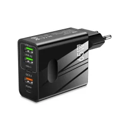   Techsuit - Prémium Fali Töltő PentaXPower (CHC1) - 3x USB, 2x Type-C PD 25W, 65W, GaN, 1m - Fekete