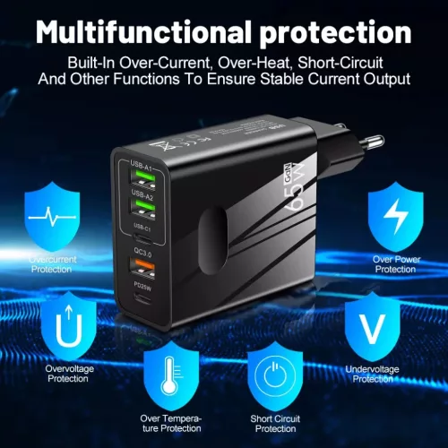 Techsuit - Prémium Fali Töltő PentaXPower (CHC1) - 3x USB, 2x Type-C PD 25W, 65W, GaN, 1m - Fekete