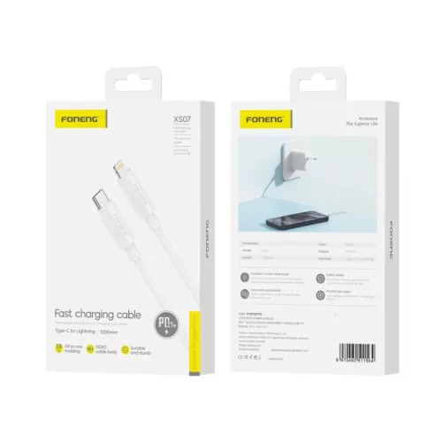 FONENG kábel XS07 USB-C - Lightning PD 27W 1.2M Fehér