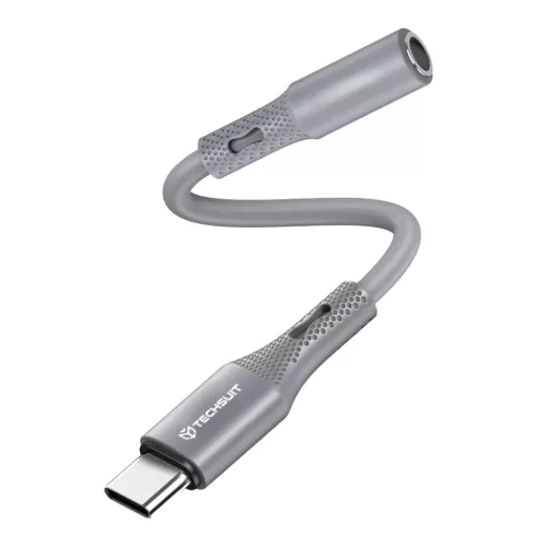Techsuit - Prémium Hang Adapter SoundFleX (AC1) - Type-C - 3,5 mm Jack, Hi-Fi Minőség, DAC Chip, Szilikagél, 0,1 m - Szürke