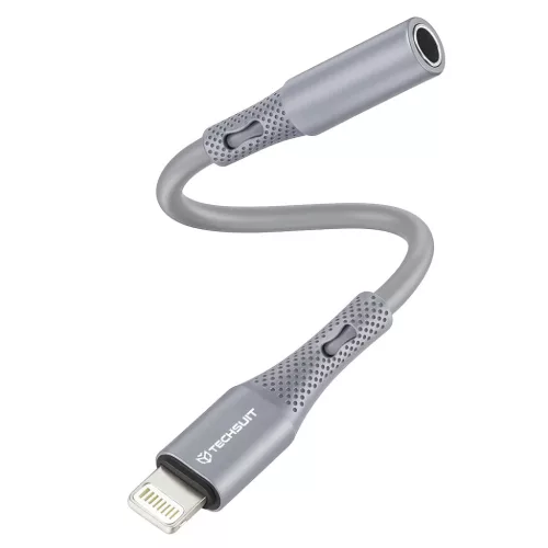 Techsuit - Prémium Kábel Adapter SoundFleX (AC2) - Villámcsatlakozó 3,5 mm-es Jackhez, Hi-Fi Minőség, DAC Chip, Szilikagél, 0,1m - Szürke