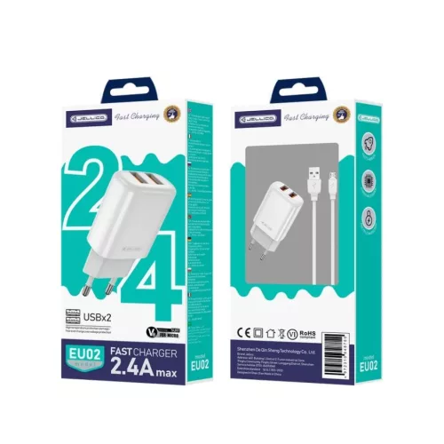 JELLICO hálózati USB töltő adapter EU02 2.4A 12W 2xUSB + kábel Micro Fehér