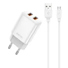 JELLICO hálózati USB töltő adapter EU02 2.4A 12W 2xUSB + kábel Micro Fehér