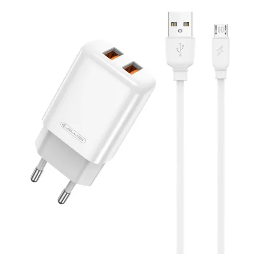JELLICO hálózati USB töltő adapter EU02 2.4A 12W 2xUSB + kábel Micro Fehér