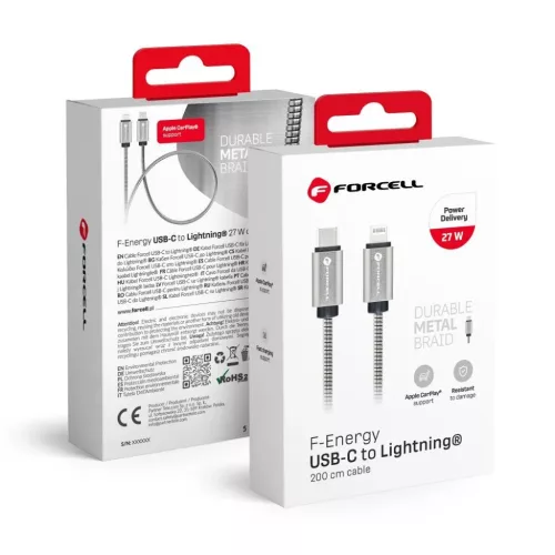 FORCELL F-ENERGY Metal C238 kábel Type C Lightning-hez PD 3A 27W 2 m ezüst