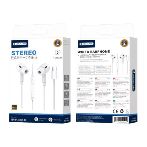 JELLICO vezetékes fülhallgatók EP3A USB-C mikrofonnal 1.2M Fehér