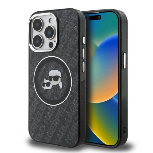 iPhone 15 Pro Max fekete Karl Lagerfeld IML K&CH Heads Repeated Logo MagSafe tok
