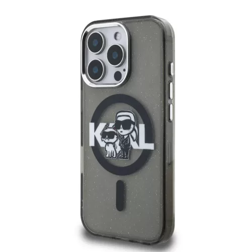 iPhone 16 Pro Fekete Karl Lagerfeld IML Glitter Karl and Choupette Sketch MagSafe tok