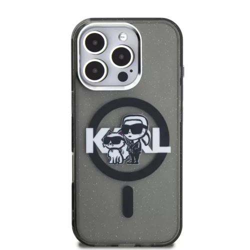 iPhone 16 Pro Fekete Karl Lagerfeld IML Glitter Karl and Choupette Sketch MagSafe tok