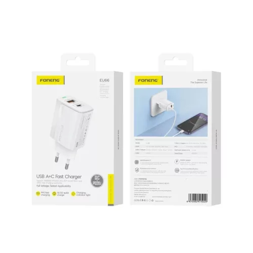 FONENG fali töltő EU66 PD 20W 1xUSB-C + 1xUSB QC3.0 Fehér