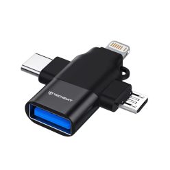   Techsuit - Prémium OTG Adapter SoundVoltX (A17) - 4 az 1-ben, USB-ről Micro-USB + Type-C + Lightning, Plug and Play - Fekete
