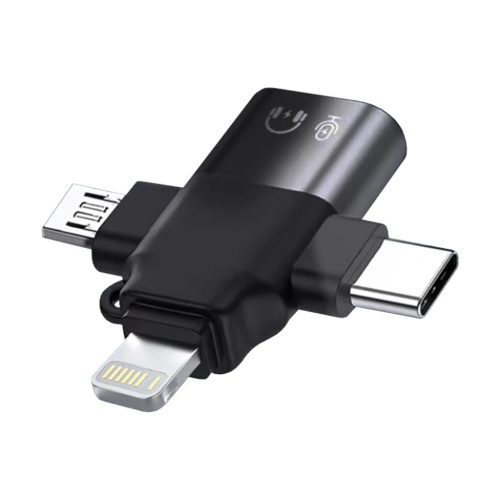 Techsuit - Prémium OTG Adapter SoundVoltX (A17) - 4 az 1-ben, USB-ről Micro-USB + Type-C + Lightning, Plug and Play - Fekete