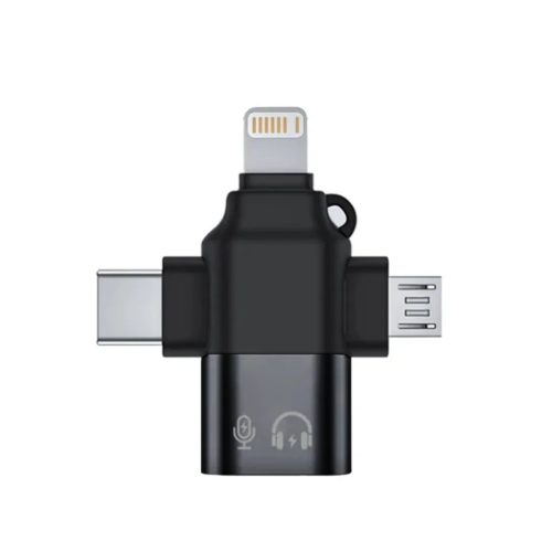 Techsuit - Prémium OTG Adapter SoundVoltX (A17) - 4 az 1-ben, USB-ről Micro-USB + Type-C + Lightning, Plug and Play - Fekete