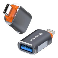   Techsuit - Prémium OTG Adapter SlateVolt (A9) - USB-ről Type-C-re, 5 Gbps, 6A, 120W, Plug and Play, Gyors adatátvitel - Szürke / Narancs.