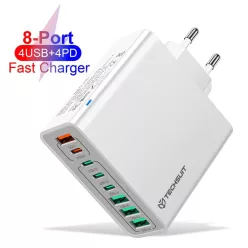   Techsuit - Fali töltő (CHPD224) - 4 x USB, 4 x Type-C, Gyors töltés, 65W - Fehér.