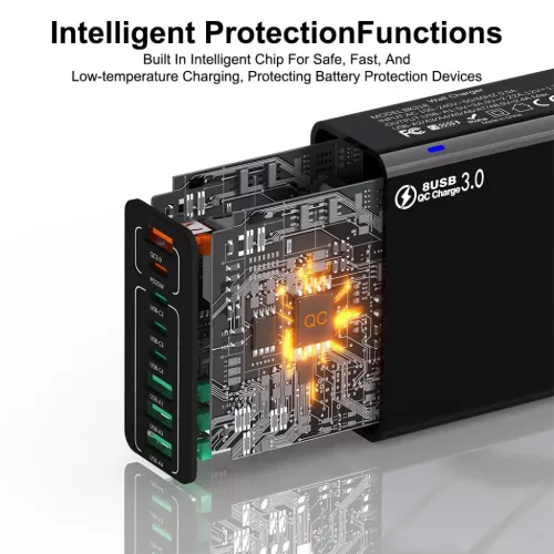 Techsuit - Fali töltő (CHPD224) - 4 x USB, 4 x Type-C, Gyors töltés, 65W - Fehér.